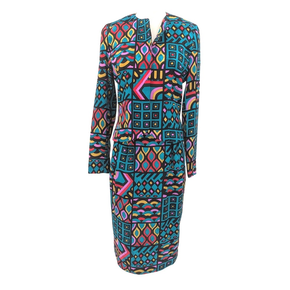 Anne Crimmins Signature Silk Blend‎ Art Print Jacket Skirt Set Geometric Vintage